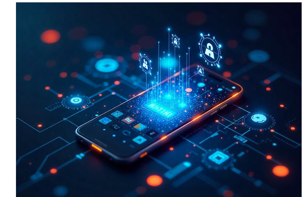 Smartphone displaying AI, IoT, and 5G features in mobile app development.