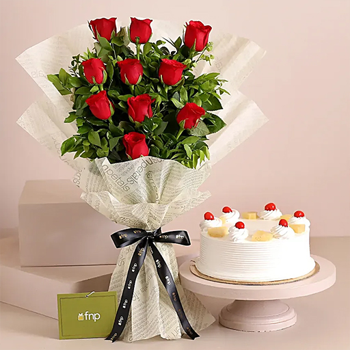 Elegant Vibe Red Roses Bouquet & Pineapple Cake
